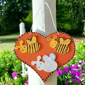 Garden Decor Sign Wooden Handcrafted Orange Heart Three Glitter Bees